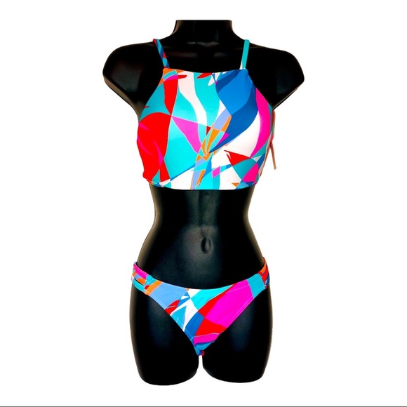 Abstract colorblock 2piece geometric print halter bikini set size XS new - Picture 1 of 14